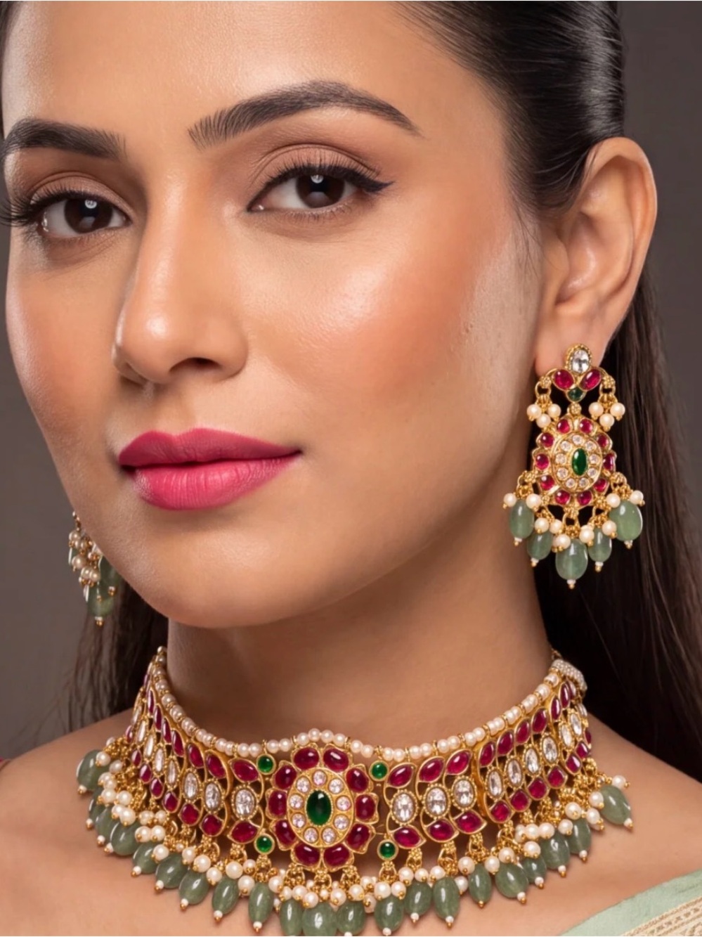 Traditional Kundan Choker Necklace and Earrings Set in Green and Pink